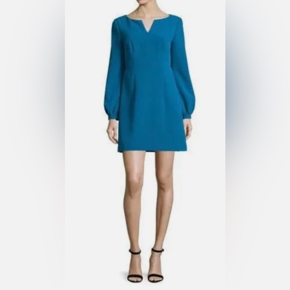 Milly Teal Long Sleeve Split Neck Mini Dress Puff Sleeve Cocktail Party Size 8 - Picture 3 of 12